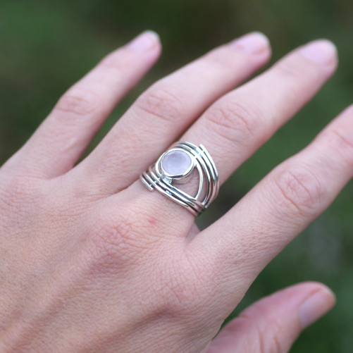 Anneau large argent et pierre ronde en Quartz rose (rose) T57