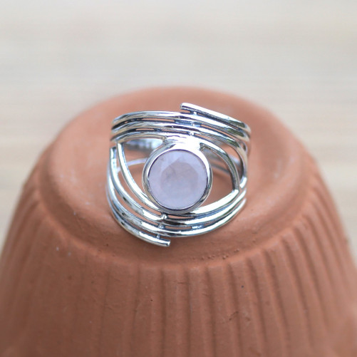 NEW ! Anneau large argent et pierre ronde en Quartz rose (rose) T57