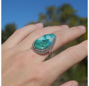 NEW ! Bague goutte pierre Azurite Malachite et argent ciselé (vert) (bleu) T57