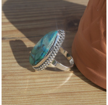 NEW ! Bague goutte pierre Azurite Malachite et argent ciselé (vert) (bleu) T57