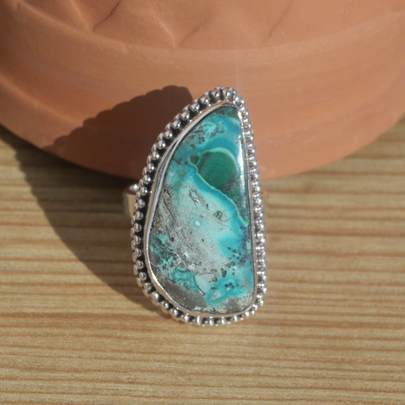 Bague en pierre Azurite Malachite et argent ciselé (vert) (bleu) T57
