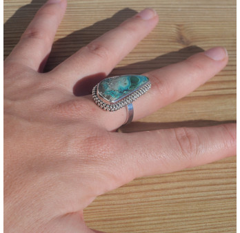 NEW ! Bague en pierre Azurite Malachite et argent ciselé (vert) (bleu) T57