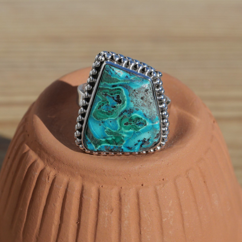 Bague en argent ciselé et pierre Azurite Malachite (vert) (bleu) T57