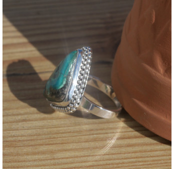 NEW ! Bague triangulaire en argent ciselé et pierre Azurite Malachite (vert) (bleu) T55