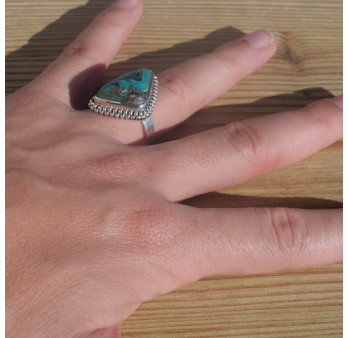 NEW ! Bague triangulaire en argent ciselé et pierre Azurite Malachite (vert) (bleu) T55