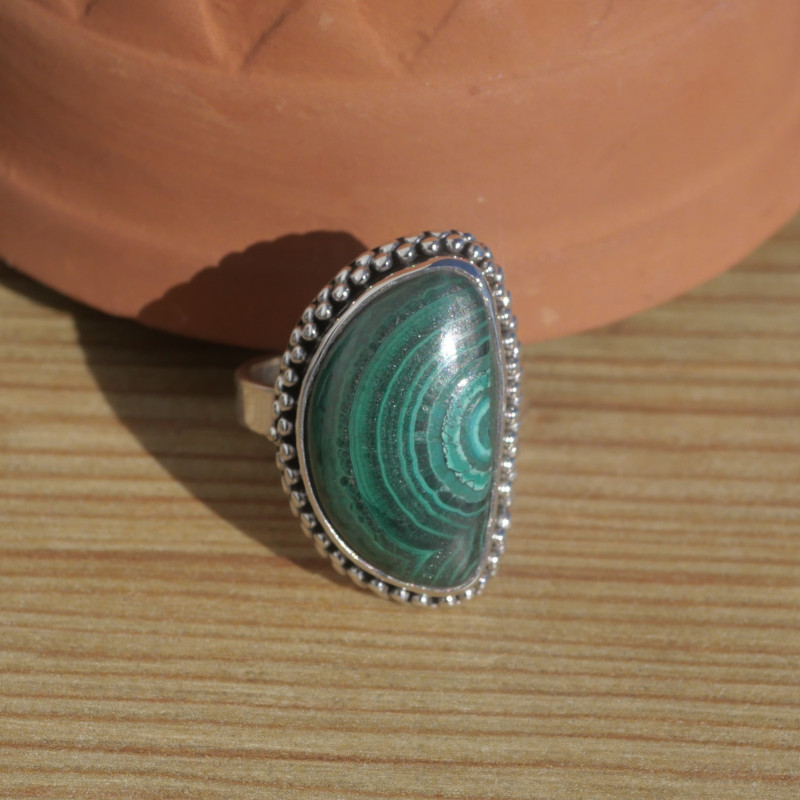 Bague unique en argent ciselé et pierre Azurite Malachite (vert) (bleu) T57