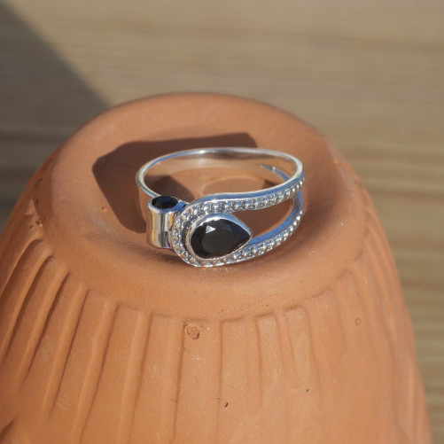NEW ! Anneau aéré en argent et pierres en Onyx noir (noir) T52/57