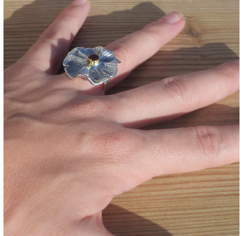 Bague fleur argent et pierre ronde Grenat (rouge) T53/62