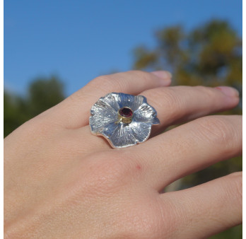 NEW ! Bague fleur argent et pierre ronde Grenat (rouge) T54