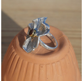 NEW ! Bague fleur argent et pierre ronde Grenat (rouge) T54