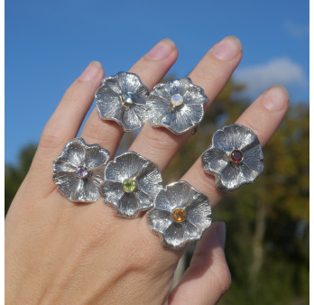 NEW ! Bague fleur argent et pierre ronde Grenat (rouge) T54