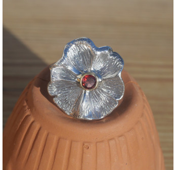NEW ! Bague fleur argent et pierre ronde Grenat (rouge) T54