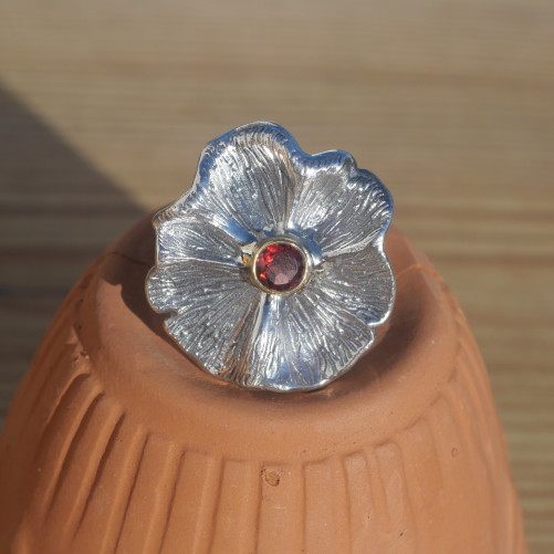 NEW ! Bague fleur argent et pierre ronde Grenat (rouge) T54