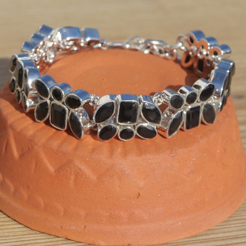 NEW ! Bracelet 2 rangs en argent et 46 pierres en Onyx noir (noir)