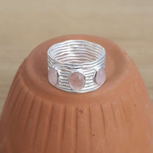 NEW ! Anneau large multi en argent et 3 pierres ovales en Quartz rose (rose) T53/55/58