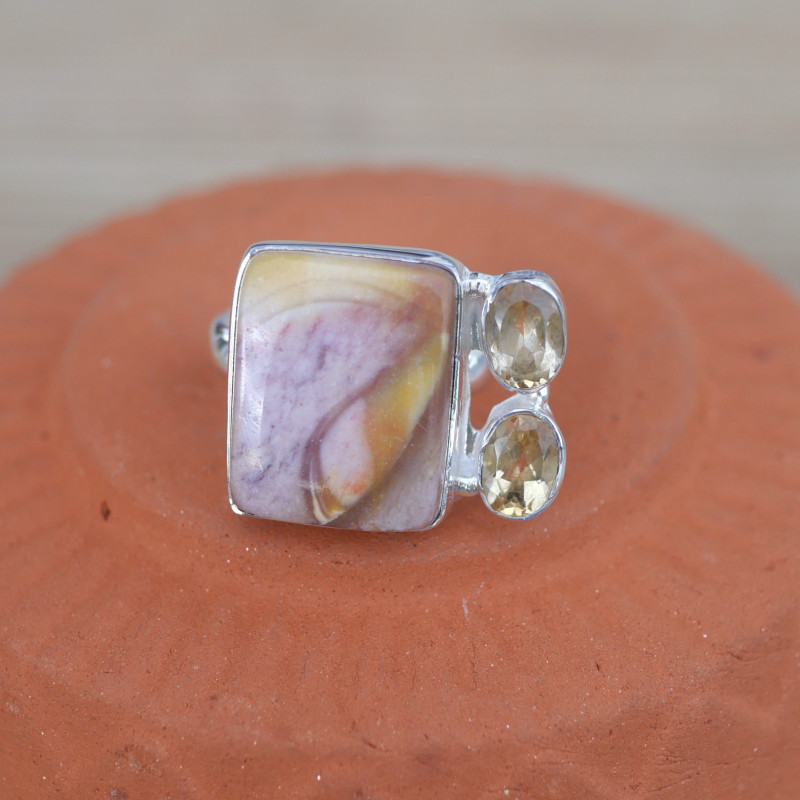 Bague multipierres argent et Jaspe mokaite Citrine (rose) (jaune) T57