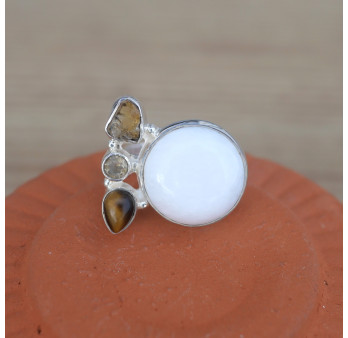 NEW ! Bague multipierres argent et Onyx blanc Citrine Oeil de tigre (blanc) (jaune) (brun) T57
