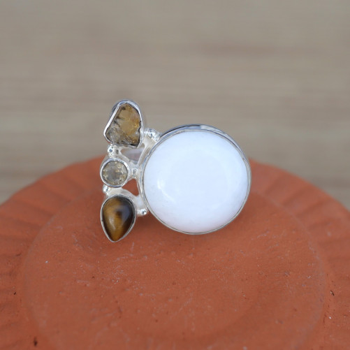 NEW ! Bague multipierres argent et Onyx blanc Citrine Oeil de tigre (blanc) (jaune) (brun) T57