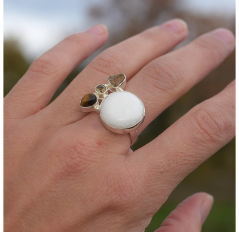 Bague multipierres argent et Onyx blanc Citrine Oeil de tigre (blanc) (jaune) (brun) T57