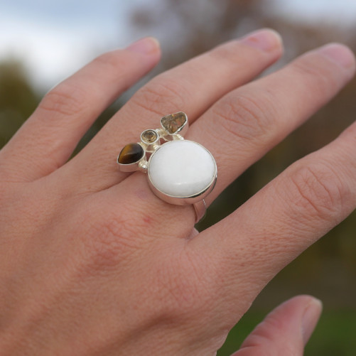 Bague multipierres argent et Onyx blanc Citrine Oeil de tigre (blanc) (jaune) (brun) T57