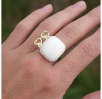 Bague multipierres argent et Onyx blanc carré et Citrine (blanc) (jaune) T60