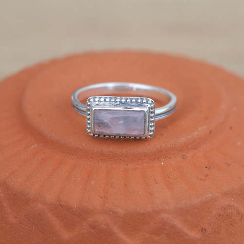 NEW ! Bague fine pierre en Quartz rose rectangulaire et argent (rose) T63