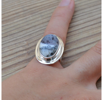 Bague en pierre Agate dendrite ovale et monture plate en argent (blanc) T49