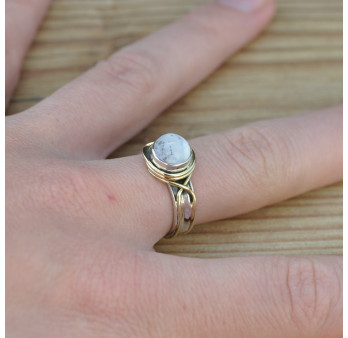Bague argent avec dorure et pierre ronde en Agate dendrite (blanc) T52/54/56/57