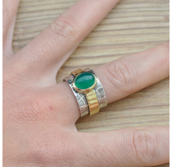 Anneau large strié en argent et pierre ovale Agate verte (vert) T58