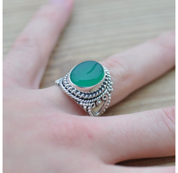 Bague massive ethnique argent et Agate verte ovale (vert) T54