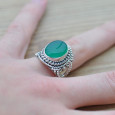 Bague massive ethnique argent et Agate verte ovale (vert) T54