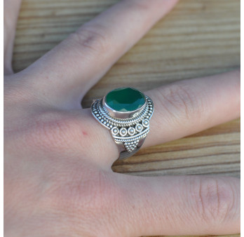 Bague ethnique en argent et pierre Agate verte (vert) T53/54/55/57