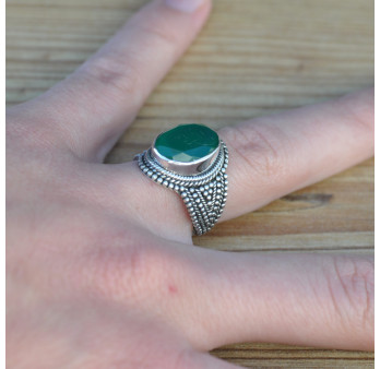Bague argent travaillé et pierre en Agate verte facettée ovale (vert) T53/54/55