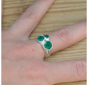 Bague 3 pierres rondes Agate verte facettées et argent (vert) T60