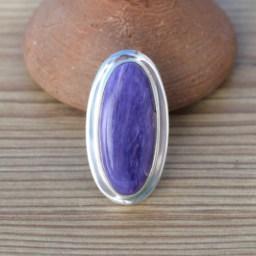 Grosse bague ovale en pierre naturelle CHAROITE et argent plat (violet) T56