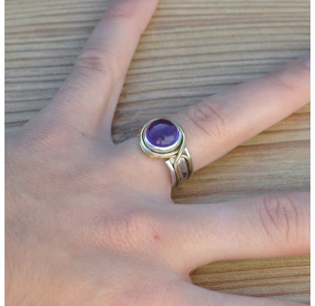 Bague argent avec dorure et pierre ronde en Améthyste (violet) T52