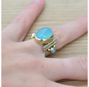 Bague anneau large pierre ovale cabochon en Calcédoine T50/55