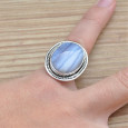 Bague ovale en argent strié et pierre Agate rubanée T50