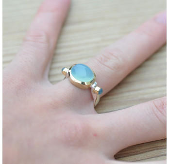 Bague argent et argent doré 3 pierres cabochon Calcédoine T51/52/54/58