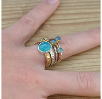 Bague 5 anneaux argent et cuivre avec 4 pierres en Calcédoine T52/54/55/56