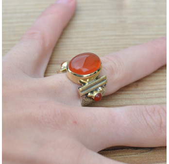 Bague anneau large pierre ovale cabochon en Cornaline (orange) T49/50/51/52/53/54/56