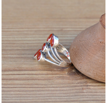 Bague 5 pierres ovales Cornaline anneaux argent strié (orange) T58