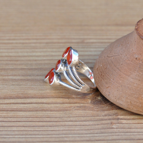 Bague 5 pierres ovales Cornaline anneaux argent strié (orange) T58