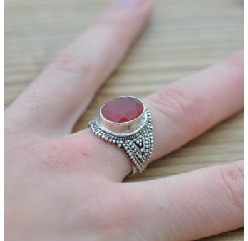 Bague ethnique en argent ciselé et pierre Cornaline facettée (orange) T53/56/58