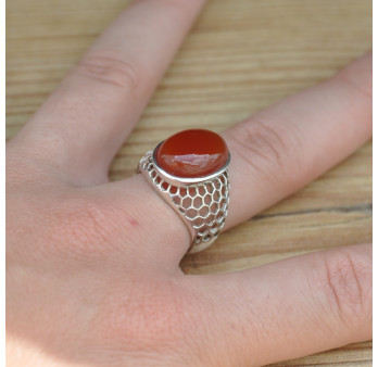 Bague mixte alvéolée en argent et pierre Cornaline (orange) T58