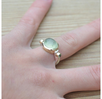 Bague argent et argent doré 3 pierres cabochon Prehnite T58