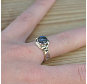 Bague argent avec dorure et pierre ronde en Labradorite T54/56/57