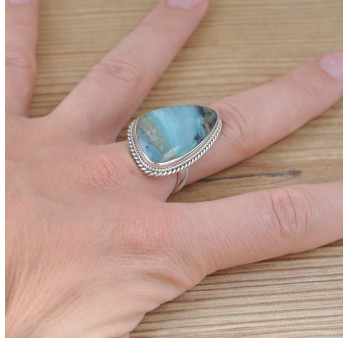 Bague en pierre Opaline et argent torsadé (bleu) T55