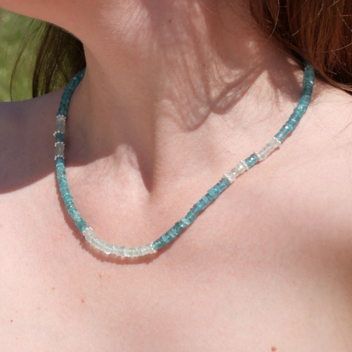 Collier tranches pierres Apatite et Aigue marine perles argent