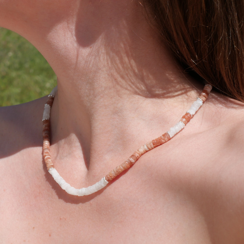 Collier tranches Pierre de soleil et Pierre de lune anneaux argent